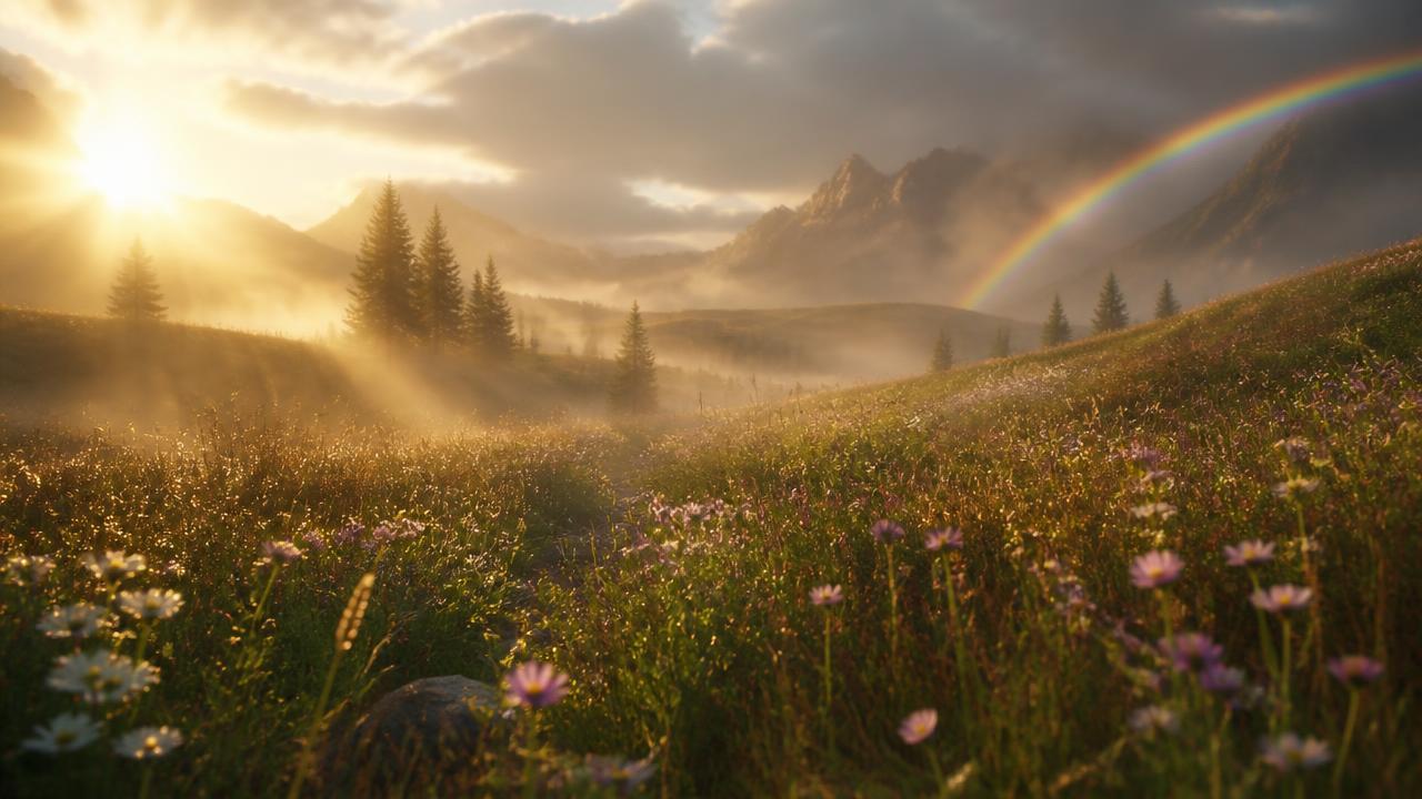 Rainbow Meadow memorial garden, cinematic view
